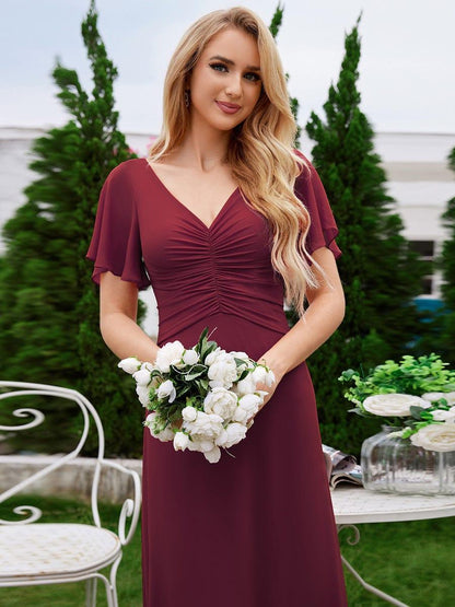 ever ELIOTTE|Ruffled Sleeves and V-Neck Pleated A-Line Chiffon Bridesmaid Dress