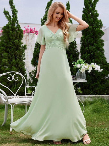 ever ELIOTTE|Ruffled Sleeves and V-Neck Pleated A-Line Chiffon Bridesmaid Dress