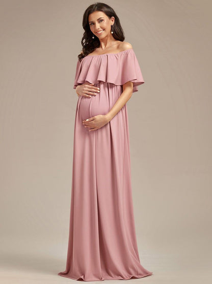 Flattering A-Line Maternity Dress with Off-Shoulder Ruffle