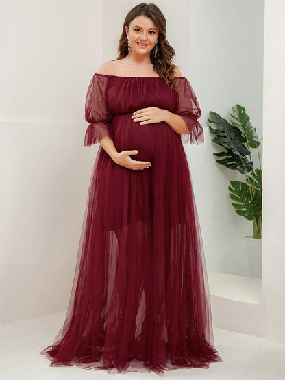 pretty CELIA|Plus Size Off-Shoulder Tulle Double Skirt Maxi Maternity Dress