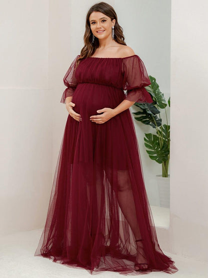 pretty CELIA|Plus Size Off-Shoulder Tulle Double Skirt Maxi Maternity Dress