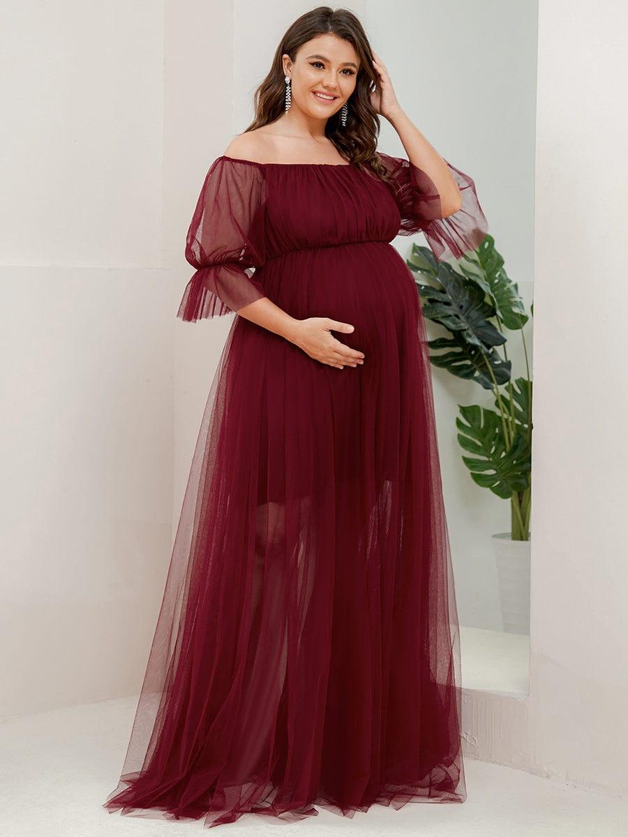 pretty CELIA|Plus Size Off-Shoulder Tulle Double Skirt Maxi Maternity Dress