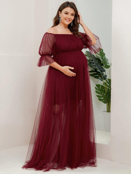 pretty CELIA|Plus Size Off-Shoulder Tulle Double Skirt Maxi Maternity Dress
