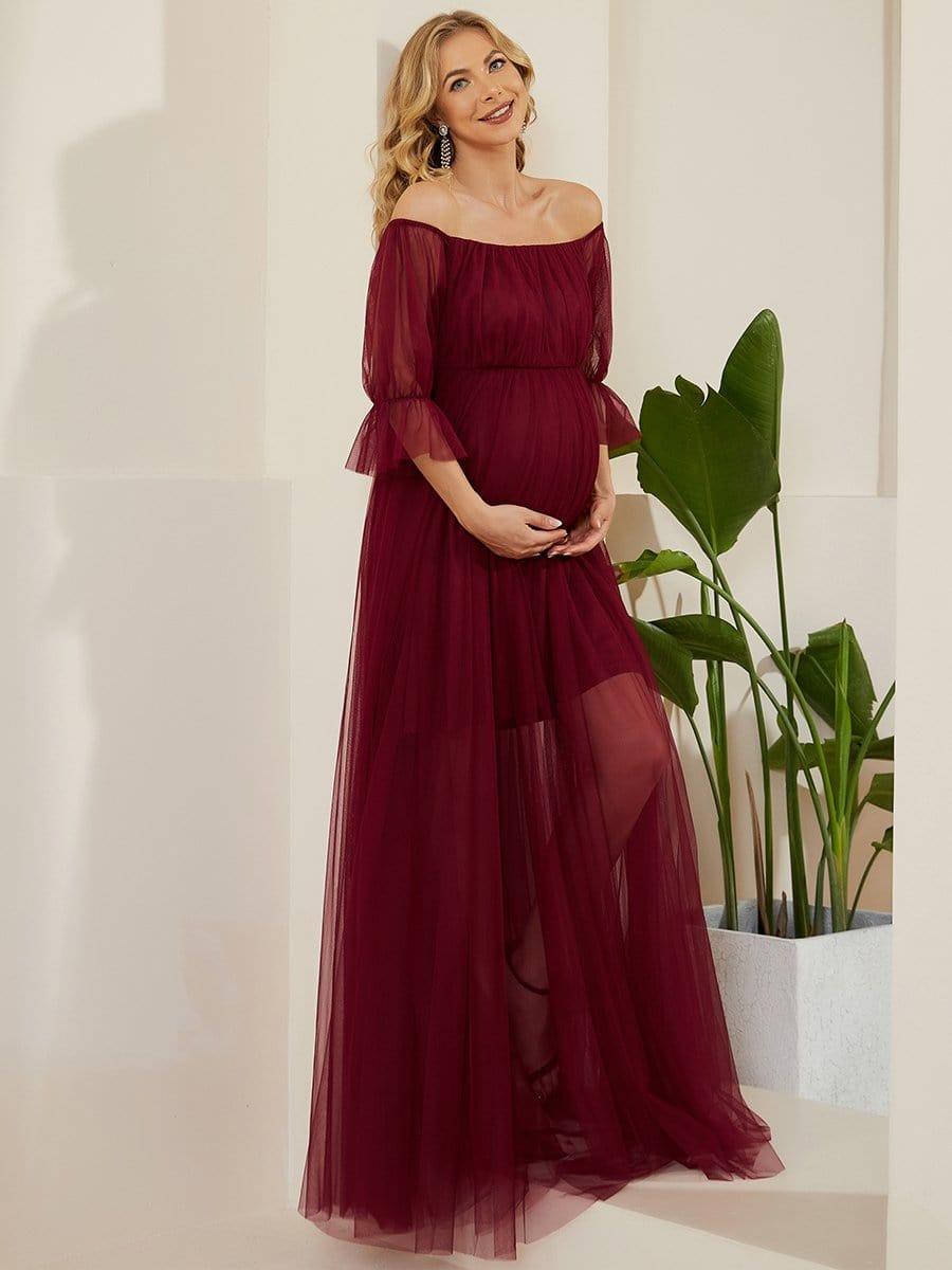 ever CELIA|Sheer Off-Shoulder Double Skirt Maxi Maternity Dress