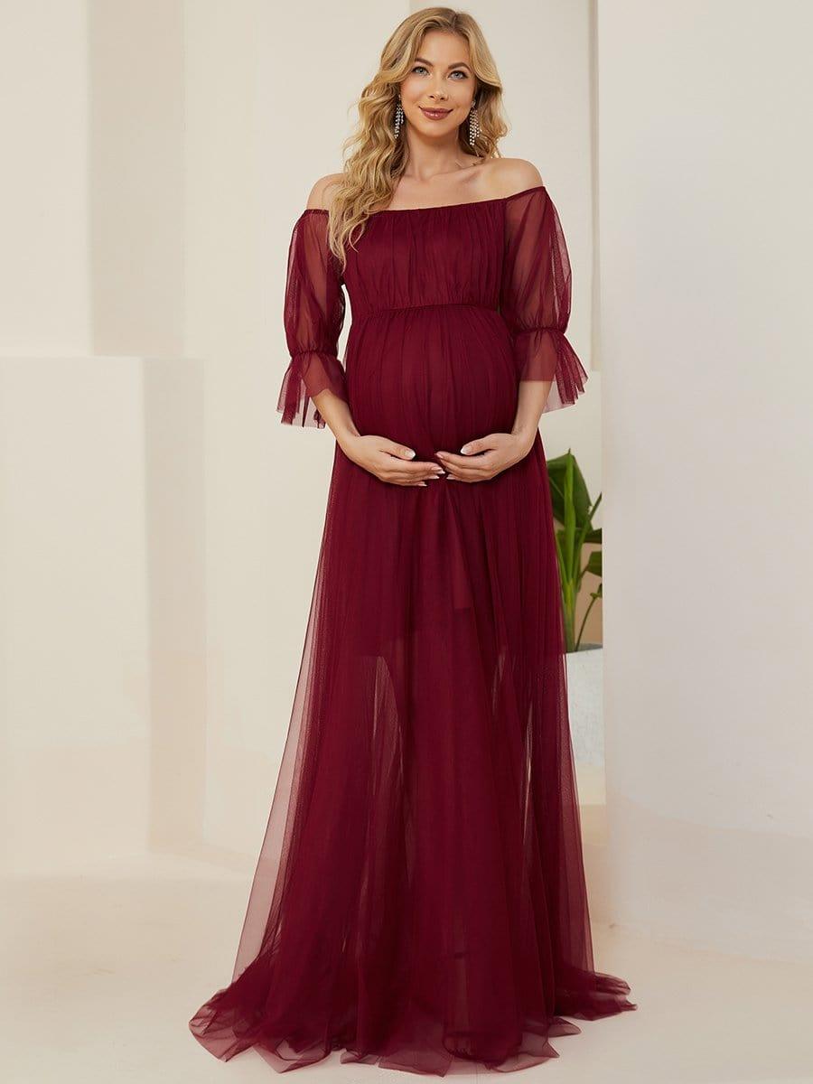 ever CELIA|Sheer Off-Shoulder Double Skirt Maxi Maternity Dress