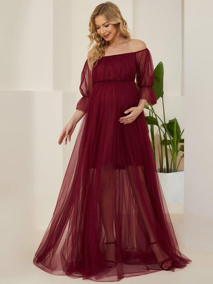 ever CELIA|Sheer Off-Shoulder Double Skirt Maxi Maternity Dress