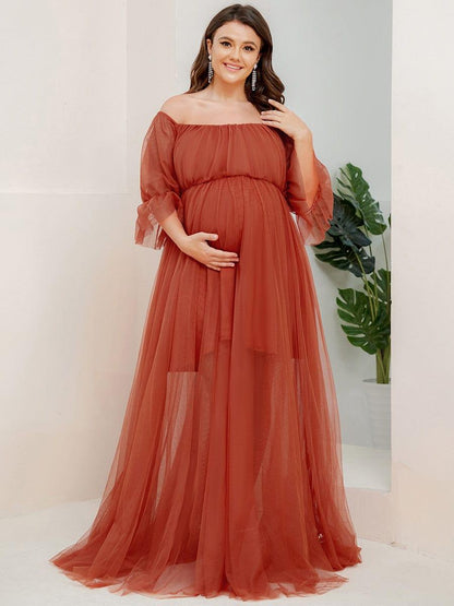 pretty CELIA|Plus Size Off-Shoulder Tulle Double Skirt Maxi Maternity Dress