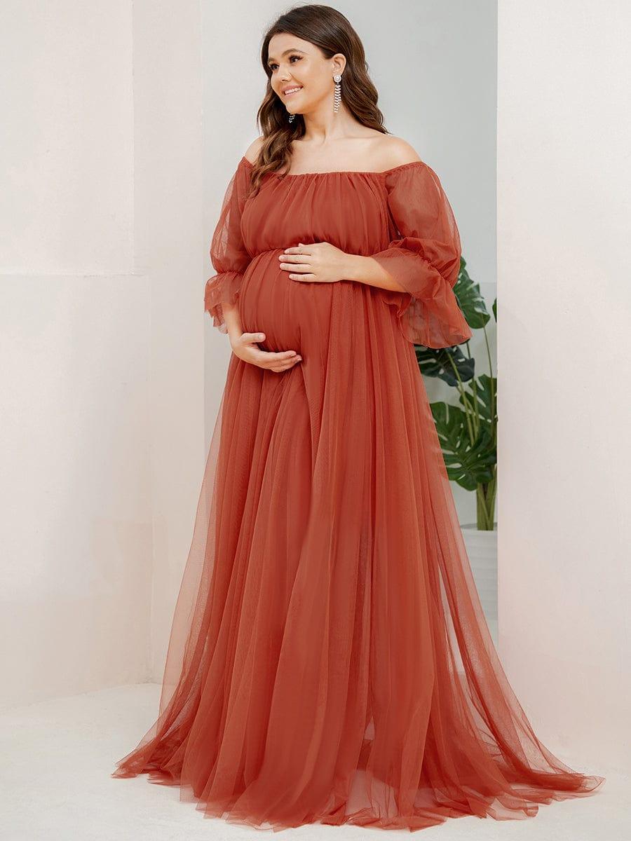 pretty CELIA|Plus Size Off-Shoulder Tulle Double Skirt Maxi Maternity Dress