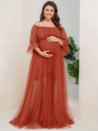 pretty CELIA|Plus Size Off-Shoulder Tulle Double Skirt Maxi Maternity Dress