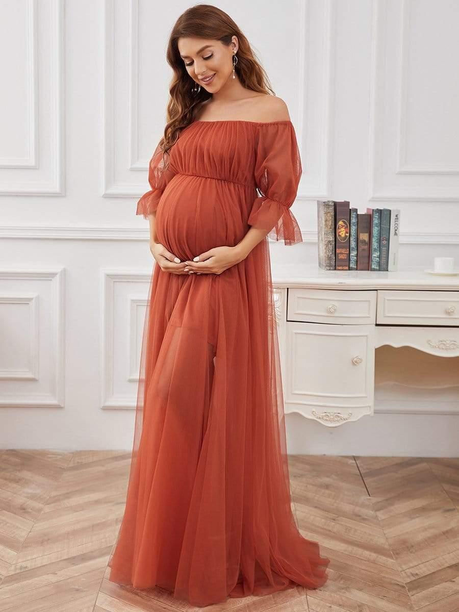 ever CELIA|Sheer Off-Shoulder Double Skirt Maxi Maternity Dress