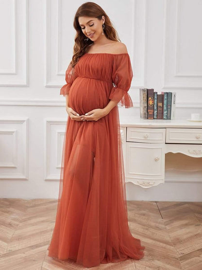 ever CELIA|Sheer Off-Shoulder Double Skirt Maxi Maternity Dress