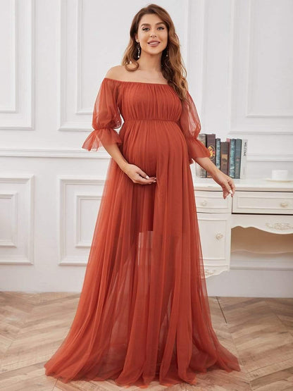 ever CELIA|Sheer Off-Shoulder Double Skirt Maxi Maternity Dress