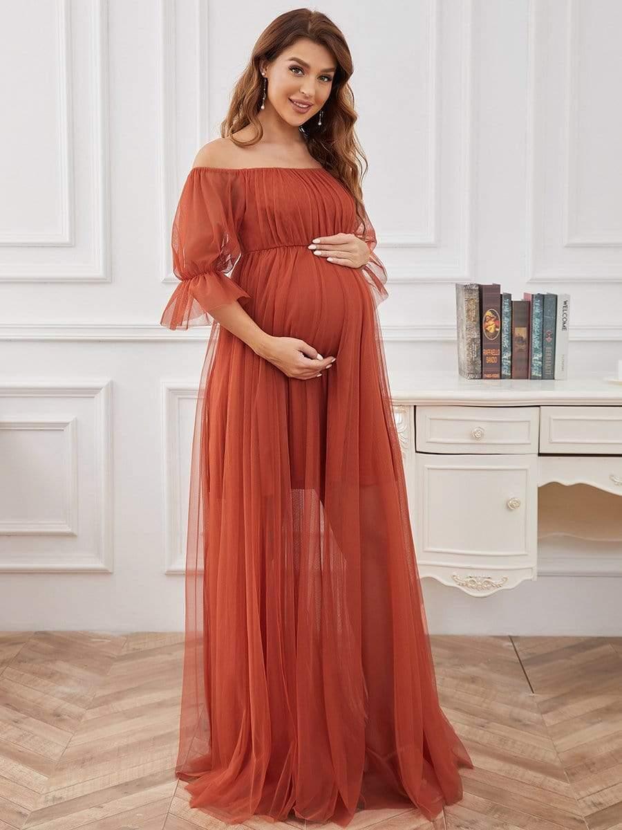ever CELIA|Sheer Off-Shoulder Double Skirt Maxi Maternity Dress