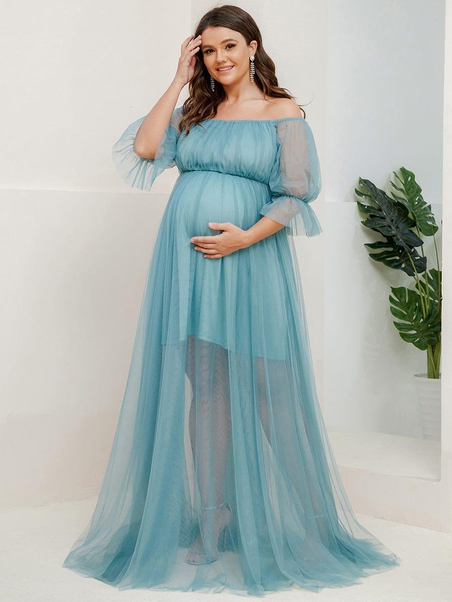 pretty CELIA|Plus Size Off-Shoulder Tulle Double Skirt Maxi Maternity Dress
