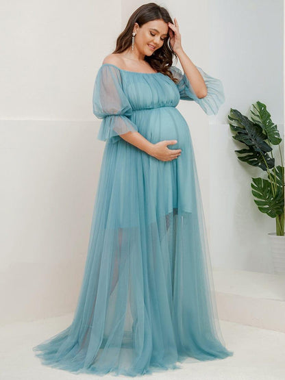 pretty CELIA|Plus Size Off-Shoulder Tulle Double Skirt Maxi Maternity Dress