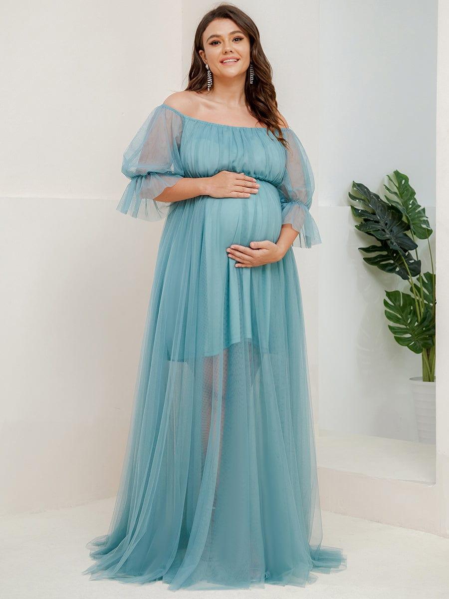 pretty CELIA|Plus Size Off-Shoulder Tulle Double Skirt Maxi Maternity Dress