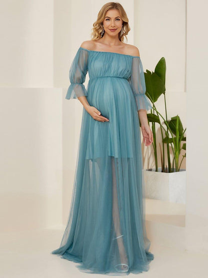 ever CELIA|Sheer Off-Shoulder Double Skirt Maxi Maternity Dress
