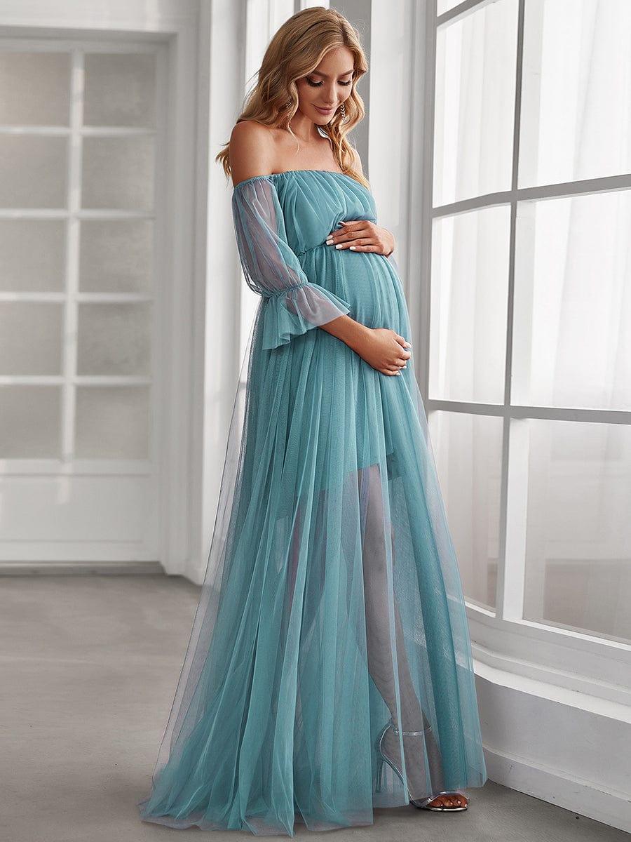 ever CELIA|Sheer Off-Shoulder Double Skirt Maxi Maternity Dress
