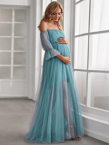 ever CELIA|Sheer Off-Shoulder Double Skirt Maxi Maternity Dress