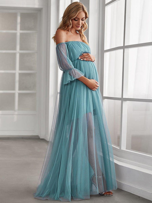ever CELIA|Sheer Off-Shoulder Double Skirt Maxi Maternity Dress