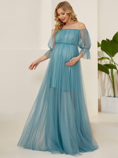 ever CELIA|Sheer Off-Shoulder Double Skirt Maxi Maternity Dress