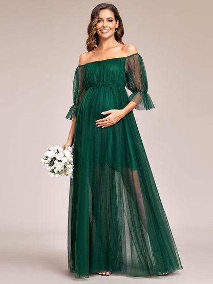 ever CELIA|Sheer Off-Shoulder Double Skirt Maxi Maternity Dress