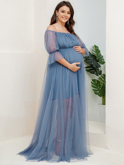 pretty CELIA|Plus Size Off-Shoulder Tulle Double Skirt Maxi Maternity Dress