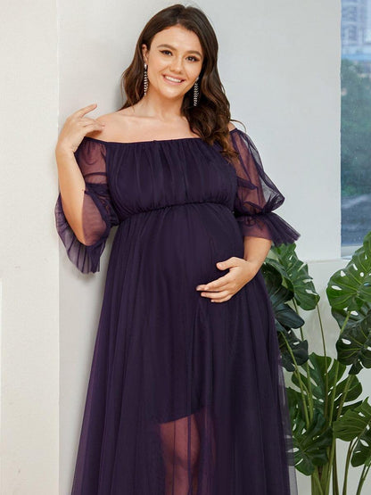 pretty CELIA|Plus Size Off-Shoulder Tulle Double Skirt Maxi Maternity Dress