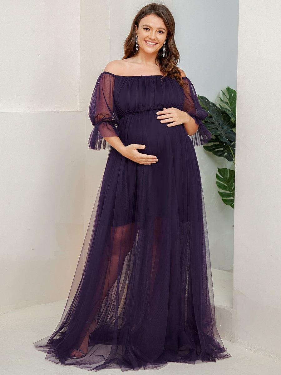 pretty CELIA|Plus Size Off-Shoulder Tulle Double Skirt Maxi Maternity Dress