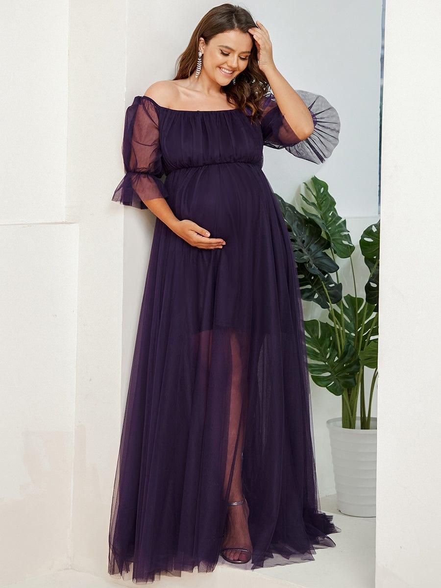pretty CELIA|Plus Size Off-Shoulder Tulle Double Skirt Maxi Maternity Dress