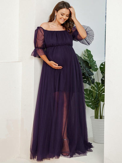 pretty CELIA|Plus Size Off-Shoulder Tulle Double Skirt Maxi Maternity Dress