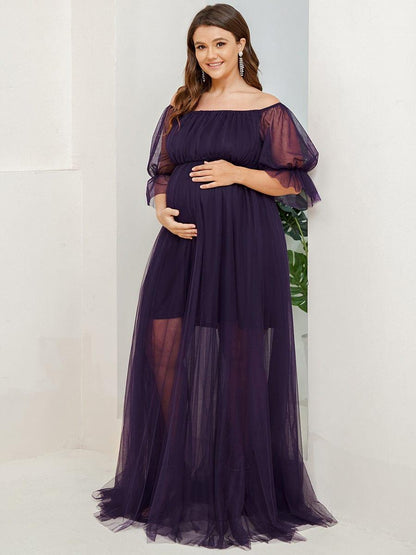 pretty CELIA|Plus Size Off-Shoulder Tulle Double Skirt Maxi Maternity Dress