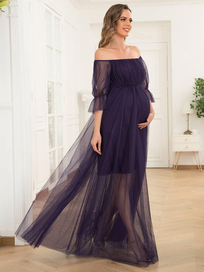 ever CELIA|Sheer Off-Shoulder Double Skirt Maxi Maternity Dress