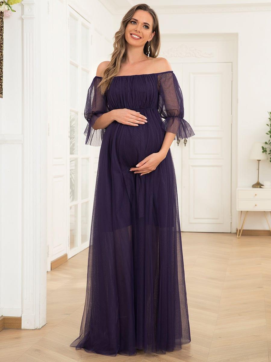 ever CELIA|Sheer Off-Shoulder Double Skirt Maxi Maternity Dress