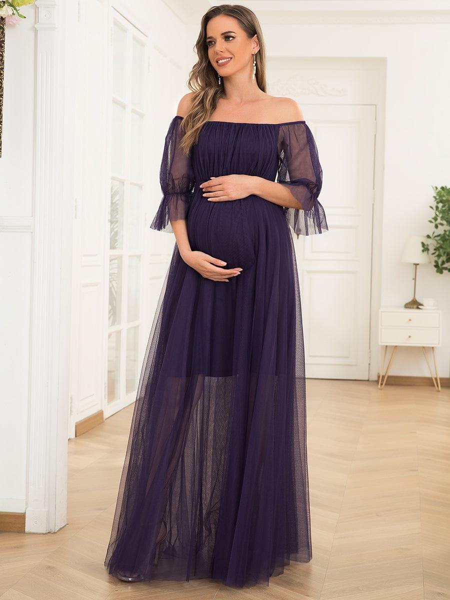 ever CELIA|Sheer Off-Shoulder Double Skirt Maxi Maternity Dress