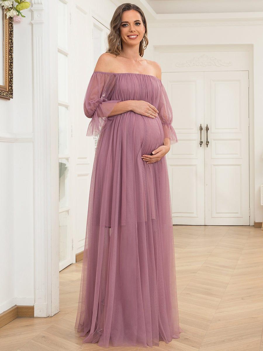 ever CELIA|Sheer Off-Shoulder Double Skirt Maxi Maternity Dress