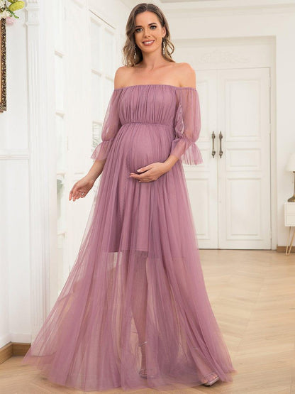 ever CELIA|Sheer Off-Shoulder Double Skirt Maxi Maternity Dress