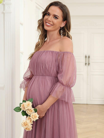 ever CELIA|Sheer Off-Shoulder Double Skirt Maxi Maternity Dress