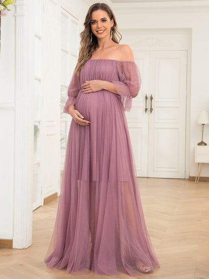 ever CELIA|Sheer Off-Shoulder Double Skirt Maxi Maternity Dress