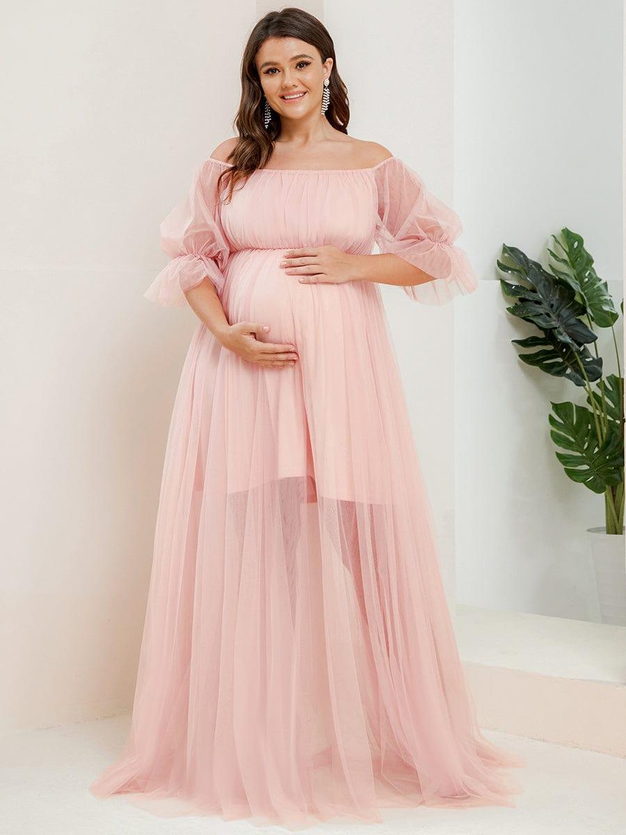 pretty CELIA|Plus Size Off-Shoulder Tulle Double Skirt Maxi Maternity Dress