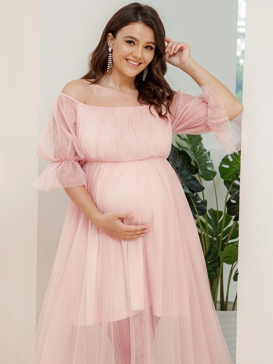 pretty CELIA|Plus Size Off-Shoulder Tulle Double Skirt Maxi Maternity Dress