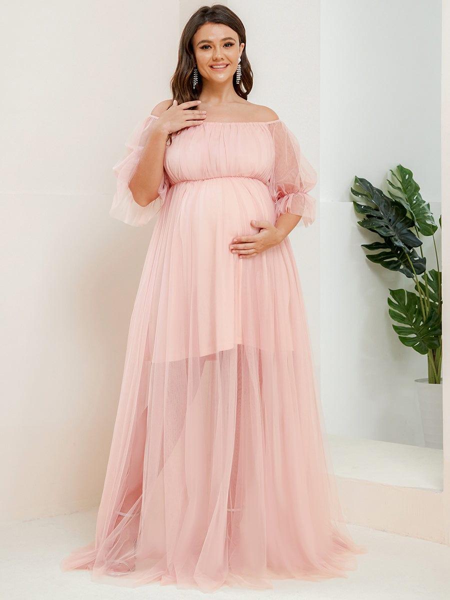 pretty CELIA|Plus Size Off-Shoulder Tulle Double Skirt Maxi Maternity Dress