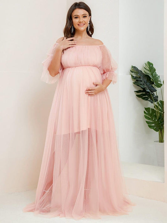 pretty CELIA|Plus Size Off-Shoulder Tulle Double Skirt Maxi Maternity Dress