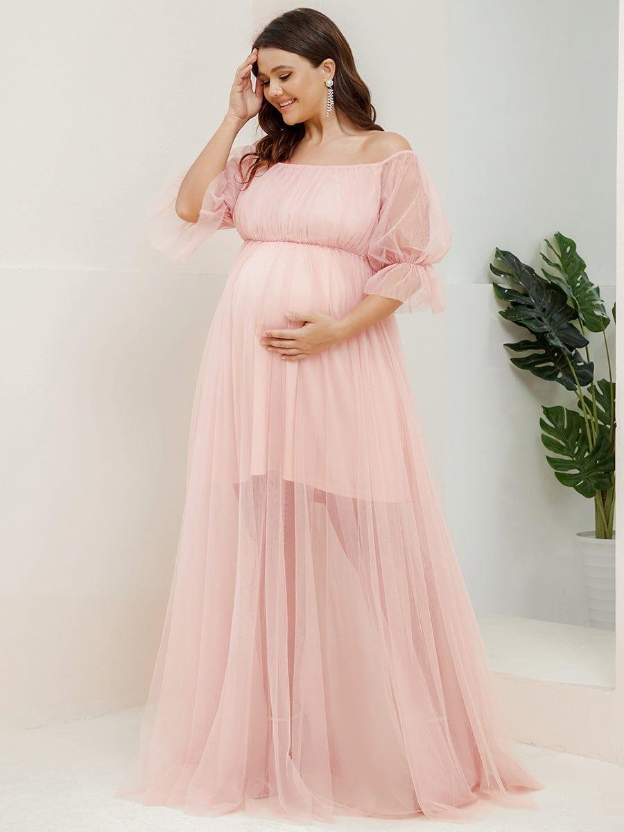 pretty CELIA|Plus Size Off-Shoulder Tulle Double Skirt Maxi Maternity Dress