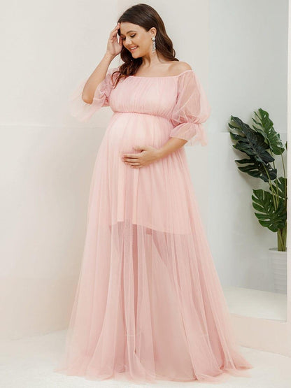 pretty CELIA|Plus Size Off-Shoulder Tulle Double Skirt Maxi Maternity Dress