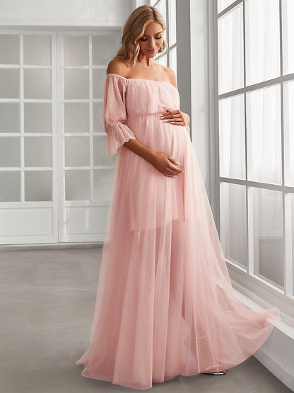 ever CELIA|Sheer Off-Shoulder Double Skirt Maxi Maternity Dress