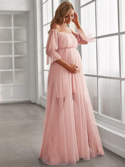 ever CELIA|Sheer Off-Shoulder Double Skirt Maxi Maternity Dress