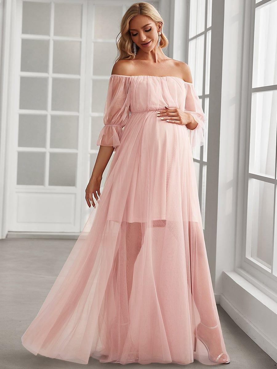 ever CELIA|Sheer Off-Shoulder Double Skirt Maxi Maternity Dress