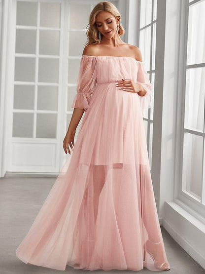 ever CELIA|Sheer Off-Shoulder Double Skirt Maxi Maternity Dress