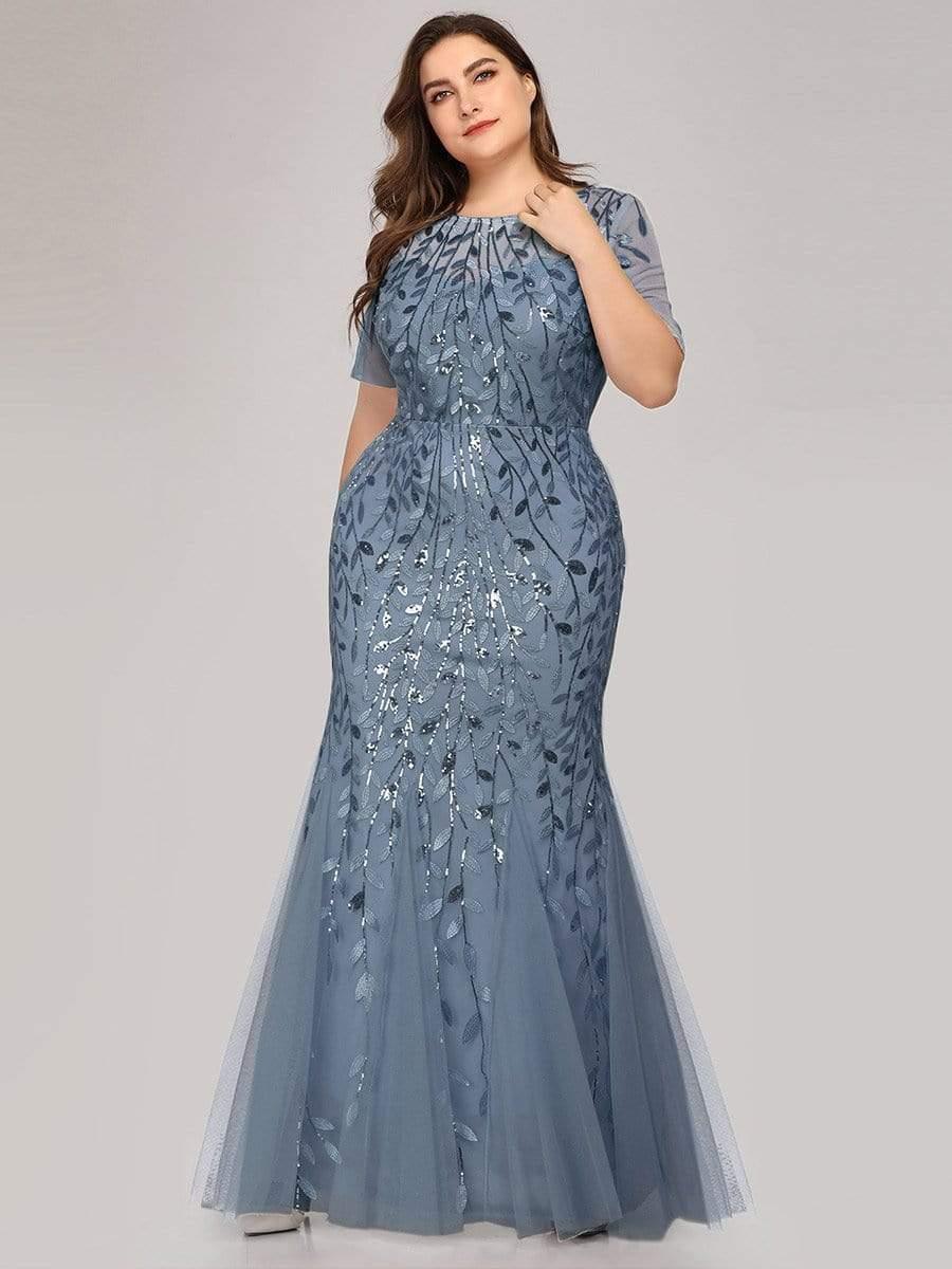 pretty JADEN|Floral Sequin Print Plus Size Mermaid Tulle Evening Dress